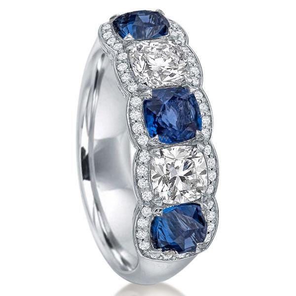 Alternating Blue & White Sapphire Halo Cushion Cut Wedding Band - Sterling Silver