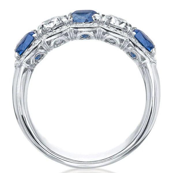 Alternating Blue & White Sapphire Halo Cushion Cut Wedding Band - Sterling Silver