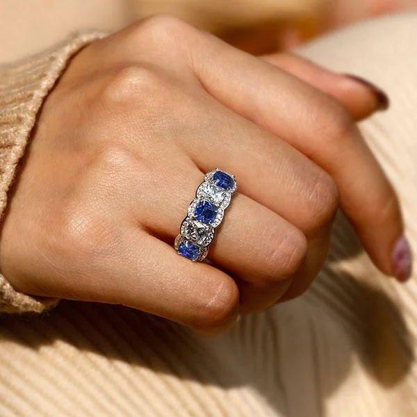 Alternating Blue & White Sapphire Halo Cushion Cut Wedding Band - Sterling Silver