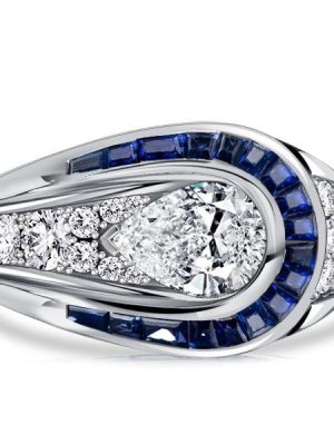 Art Deco Pear Cut Blue Sapphire Engagement Ring - Sterling Silver