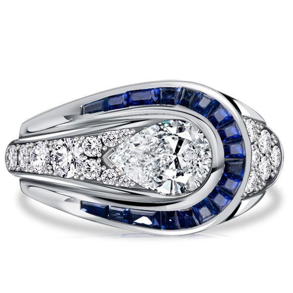 Art Deco Pear Cut Blue Sapphire Engagement Ring - Sterling Silver