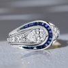 Art Deco Pear Cut Blue Sapphire Engagement Ring - Sterling Silver
