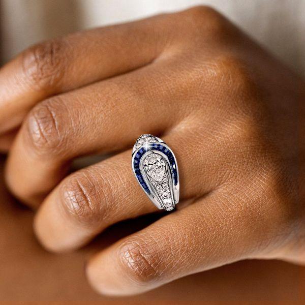 Art Deco Pear Cut Blue Sapphire Engagement Ring - Sterling Silver