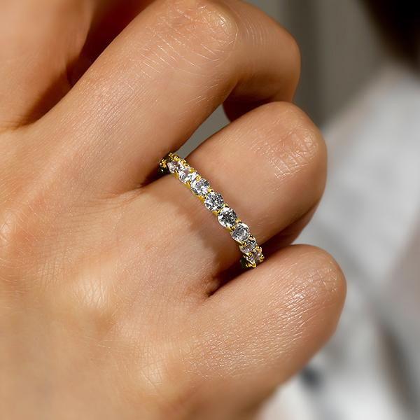 Golden Round Cut CZ Eternity Wedding Band - 18K Gold Plated Sterling Silver
