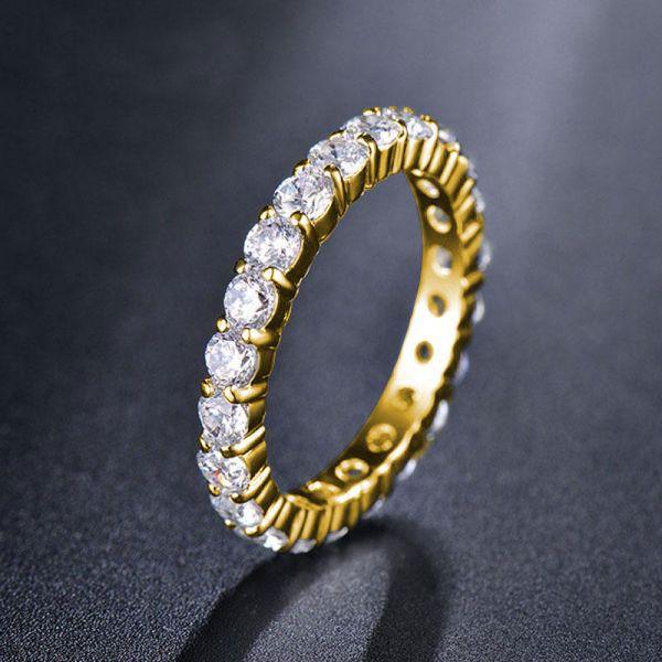 Golden Round Cut CZ Eternity Wedding Band - 18K Gold Plated Sterling Silver