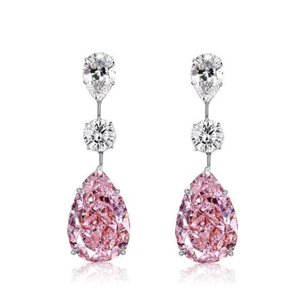 Pear Cut Pink Sapphire Drop Earrings in Rhodium-Plated 925 Sterling Silver
