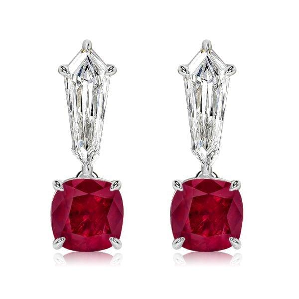 Cushion Cut Ruby and White Sapphire Drop Earrings in Rhodium-Plated Sterling Silver
