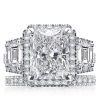 Art Deco Three Stone Halo White Sapphire Bridal Set - Sterling Silver Wedding Jewelry