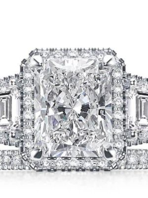 Art Deco Three Stone Halo White Sapphire Bridal Set - Sterling Silver Wedding Jewelry