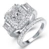 Art Deco Three Stone Halo White Sapphire Bridal Set - Sterling Silver Wedding Jewelry