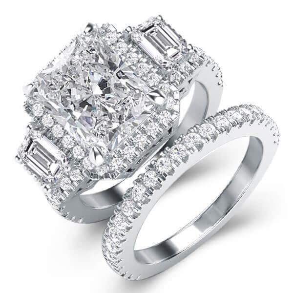 Art Deco Three Stone Halo White Sapphire Bridal Set - Sterling Silver Wedding Jewelry