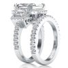 Art Deco Three Stone Halo White Sapphire Bridal Set - Sterling Silver Wedding Jewelry