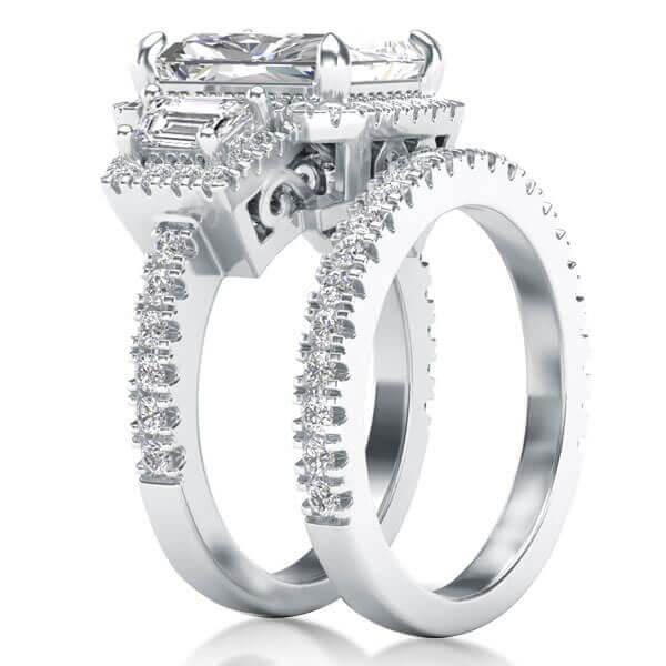 Art Deco Three Stone Halo White Sapphire Bridal Set - Sterling Silver Wedding Jewelry