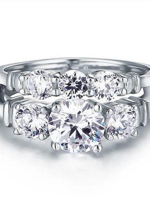 Three Stone Wrap Design White Sapphire Bridal Set - Sterling Silver
