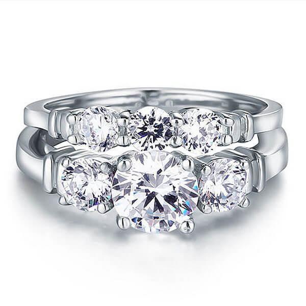 Three Stone Wrap Design White Sapphire Bridal Set - Sterling Silver