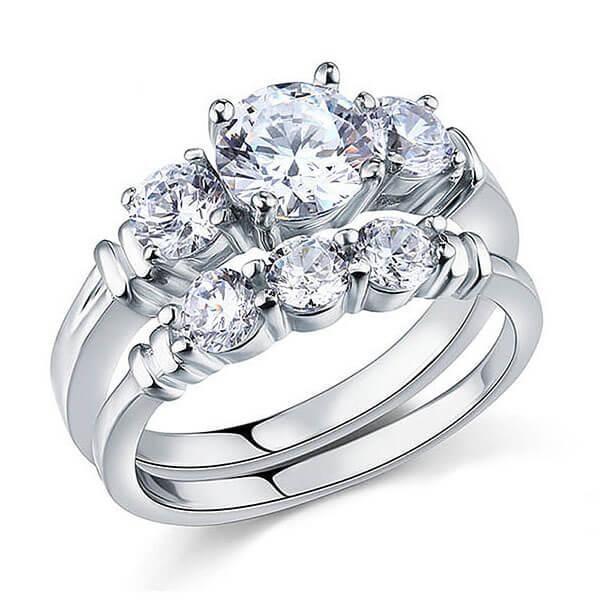 Three Stone Wrap Design White Sapphire Bridal Set - Sterling Silver