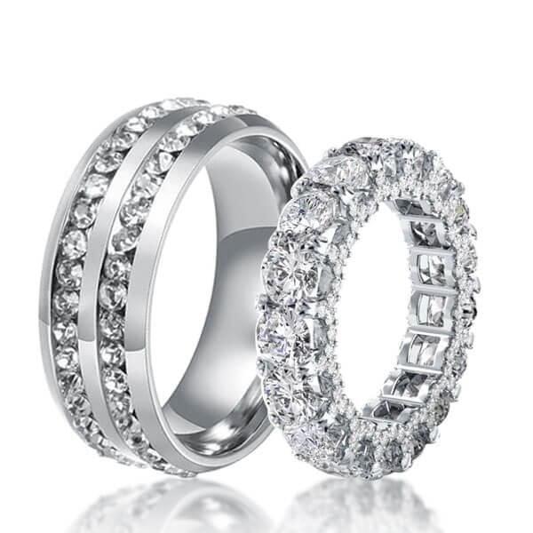 Halo Eternity Created White Sapphire Couple Rings in Sterling Silver and Titanium
