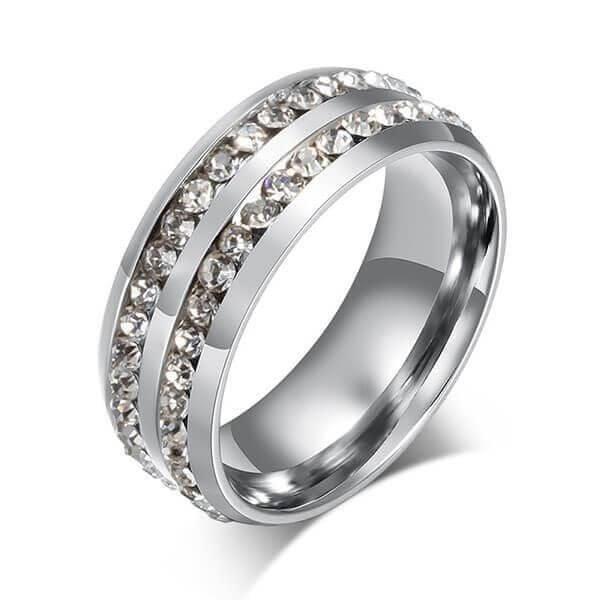 Halo Eternity Created White Sapphire Couple Rings in Sterling Silver and Titanium