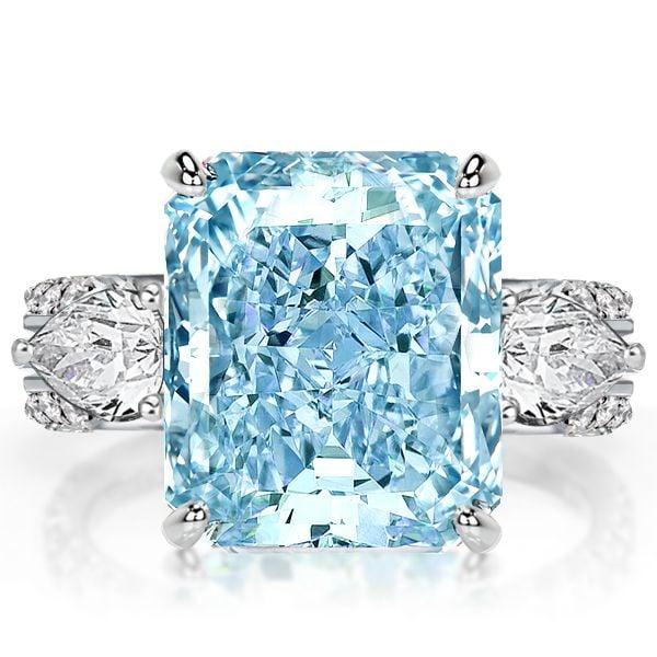 Three Stone Radiant Cut Aquamarine Engagement Ring in Rhodium Plated Sterling Silver