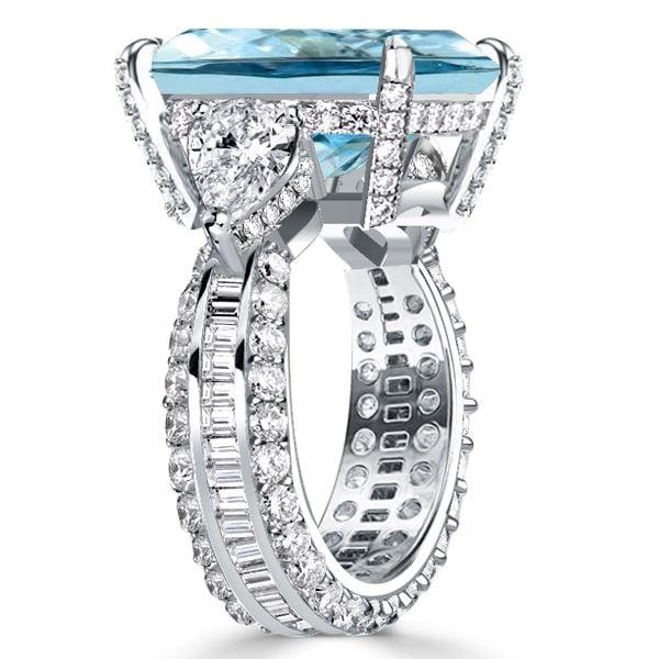Three Stone Radiant Cut Aquamarine Engagement Ring in Rhodium Plated Sterling Silver