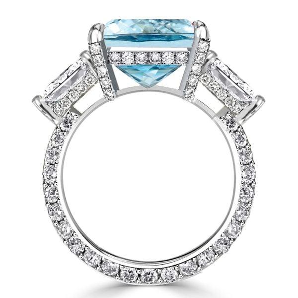 Three Stone Radiant Cut Aquamarine Engagement Ring in Rhodium Plated Sterling Silver