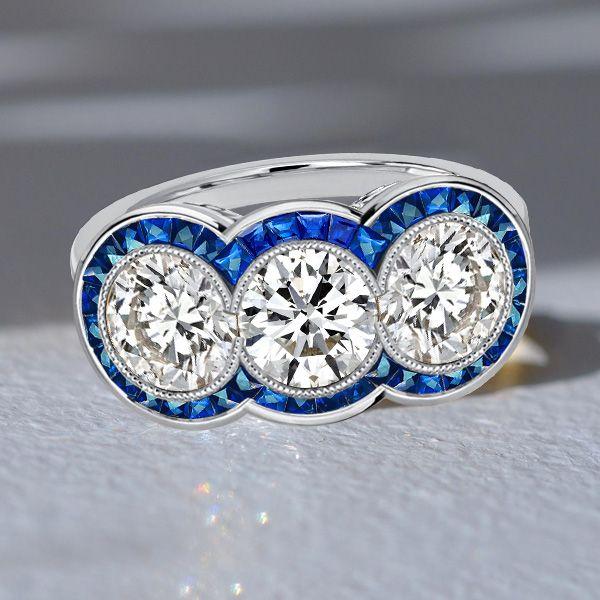 Art Deco 3 Stone Anniversary Ring - Sterling Silver Vintage Engagement Ring