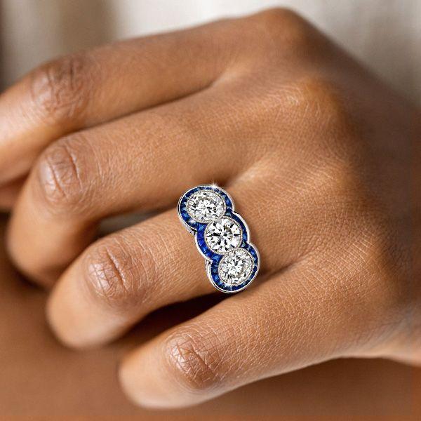 Art Deco 3 Stone Anniversary Ring - Sterling Silver Vintage Engagement Ring