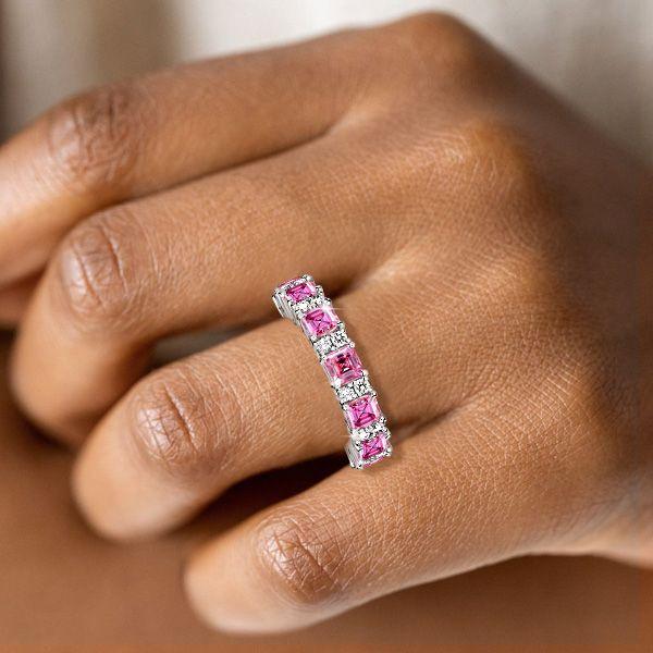 Pink Asscher Cut Eternity Ring - 925 Sterling Silver, 4.69 CTW