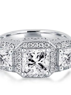 Art Deco Style Sterling Silver Three Stone Engagement Ring - 1.60 CT Center Stone
