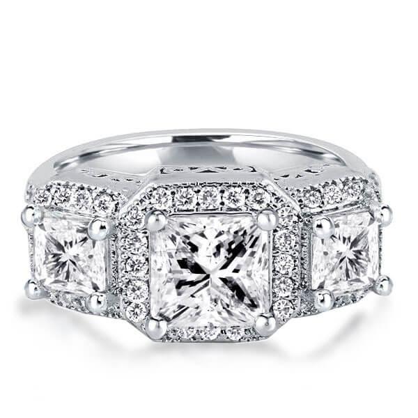Art Deco Style Sterling Silver Three Stone Engagement Ring - 1.60 CT Center Stone