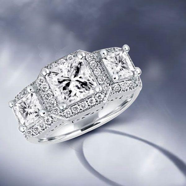 Art Deco Style Sterling Silver Three Stone Engagement Ring - 1.60 CT Center Stone