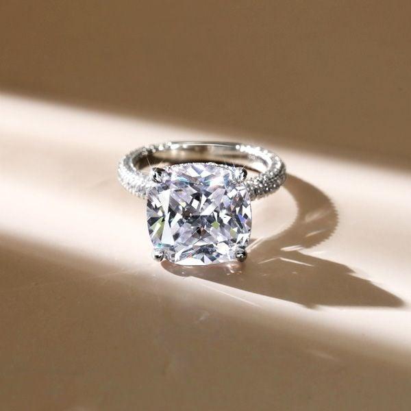 Cushion Cut Created White Sapphire Engagement Ring with Double Hidden Halo in Sterling Silver