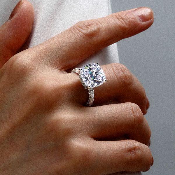 Cushion Cut Created White Sapphire Engagement Ring with Double Hidden Halo in Sterling Silver