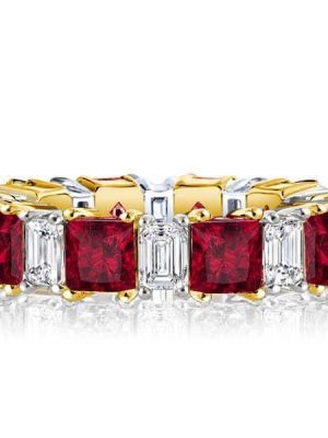 Two Tone Princess Cut Ruby Eternity Band Ring for Women in Sterling Silver
