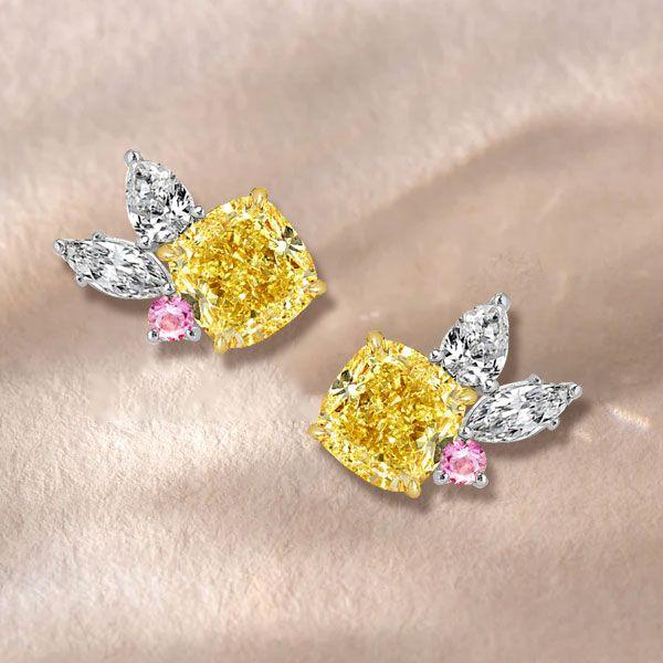Yellow Topaz Cushion Cut Two-Tone Sterling Silver Stud Earrings