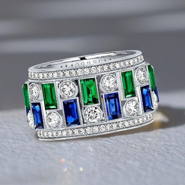Vintage Milgrain Emerald and Sapphire Wedding Band | 3.42 CT. TW. Eternity Ring in Sterling Silver