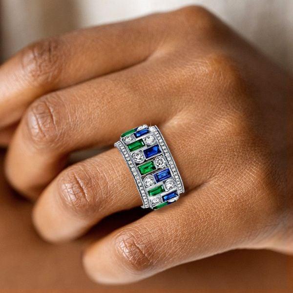 Vintage Milgrain Emerald and Sapphire Wedding Band | 3.42 CT. TW. Eternity Ring in Sterling Silver