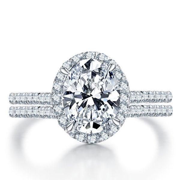 Halo Oval White Sapphire Bridal Set in Sterling Silver - Elegant Wedding Ring Set