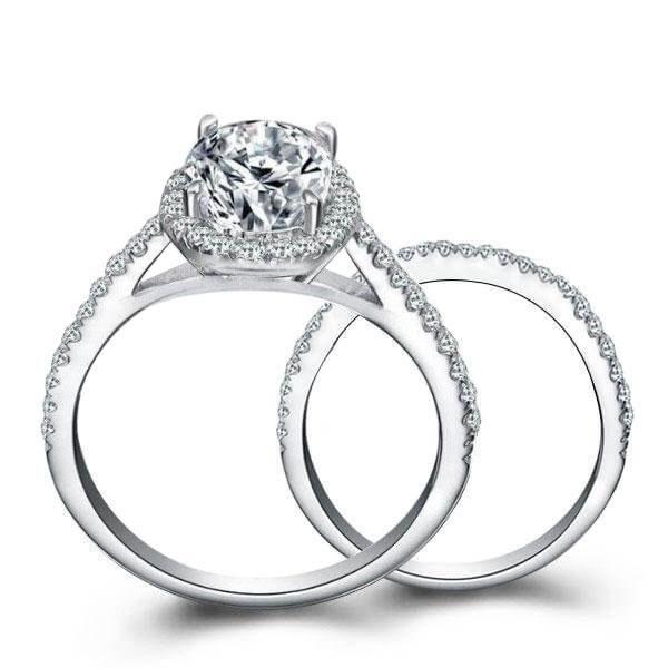 Halo Oval White Sapphire Bridal Set in Sterling Silver - Elegant Wedding Ring Set