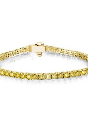 18K Gold Plated Sterling Silver Tennis Necklace with Round Cut Yellow Sapphire Stones
