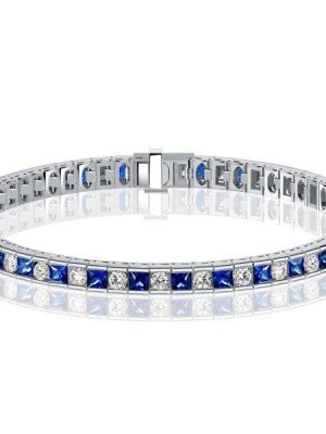 Princess Cut Blue Sapphire Tennis Bracelet in Rhodium Plated Sterling Silver