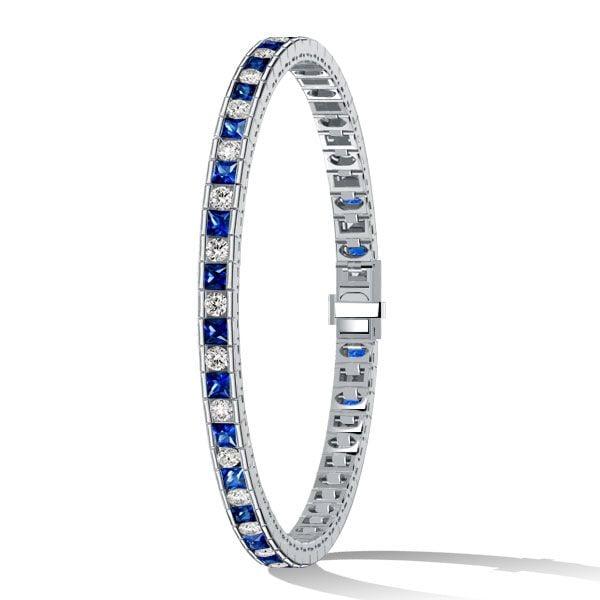 Princess Cut Blue Sapphire Tennis Bracelet in Rhodium Plated Sterling Silver