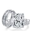 Three Stone White Sapphire Wedding Ring Set - Sterling Silver & Titanium Matching Bands
