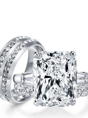 Three Stone White Sapphire Wedding Ring Set - Sterling Silver & Titanium Matching Bands