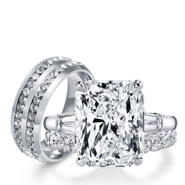 Three Stone White Sapphire Wedding Ring Set - Sterling Silver & Titanium Matching Bands