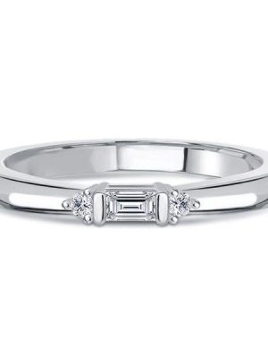 3 Stone Baguette Diamond Wedding Band for Women in Rhodium Plated Sterling Silver
