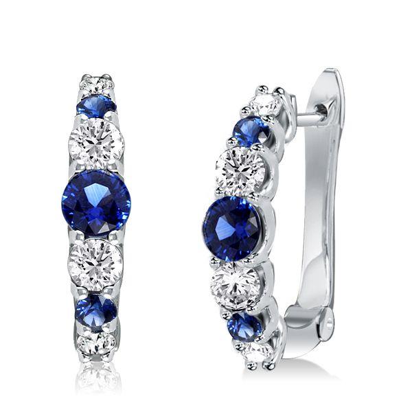 Blue & White Sapphire Hoop Earrings in Sterling Silver