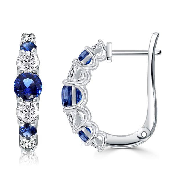 Blue & White Sapphire Hoop Earrings in Sterling Silver