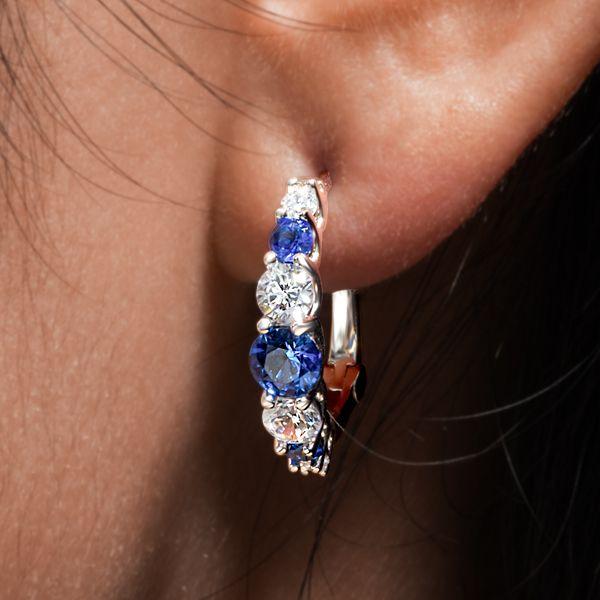 Blue & White Sapphire Hoop Earrings in Sterling Silver