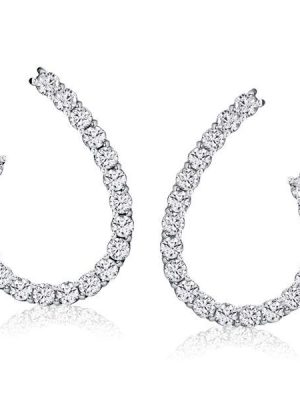 White Sapphire Hoop Earrings Sterling Silver - Round Cut, Rhodium Plated